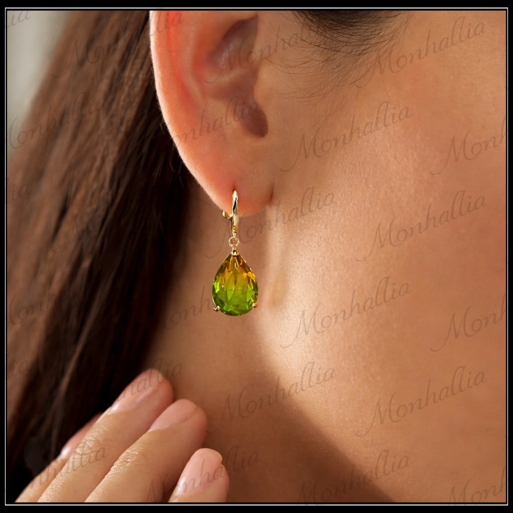New 14k Gold Green Harvest Tourmaline Teardrop Earrings - Picture 5 of 6